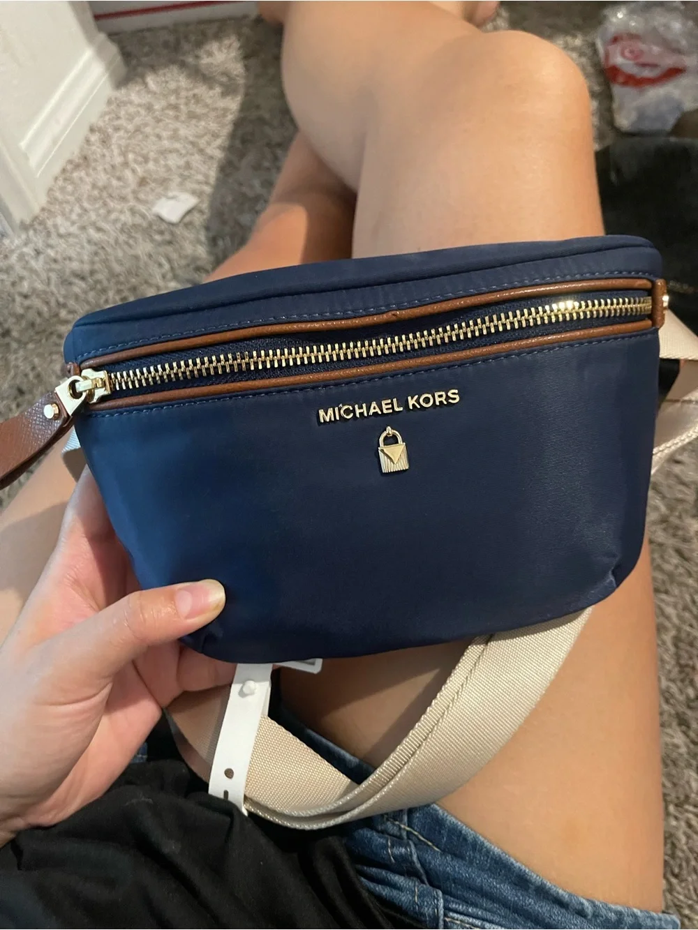 Michael Kors Navy Crossbody Belt Bag with Beige Strap and Tan Accents